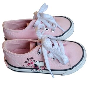 Adorable Pink Snoopy Kids Sneakers With Hearts Letter Loved Decal, Sz 6